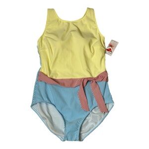 Lands’ End High Neck Tummy Control Belted One Piece Swimsuit NWT